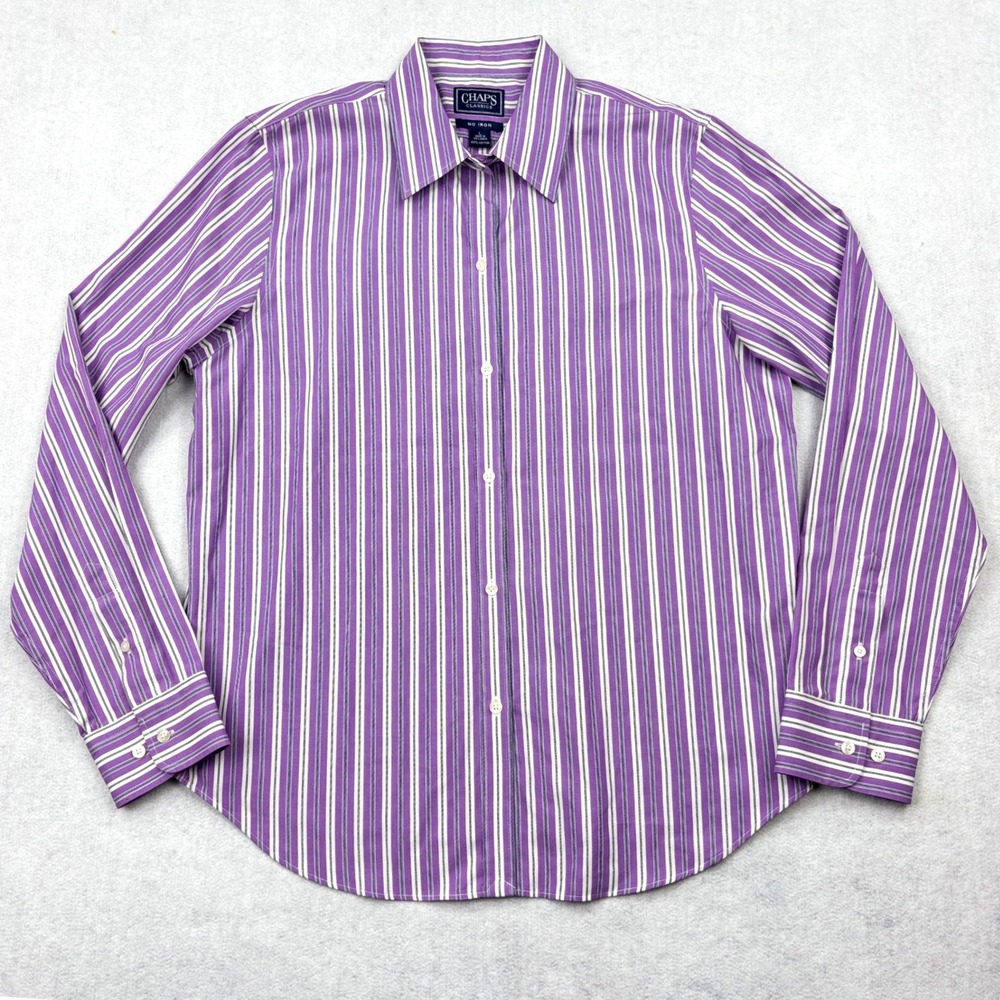 Chaps Classics Shirt Womens Large Purple White Stripe No Iron Cotton Button Down